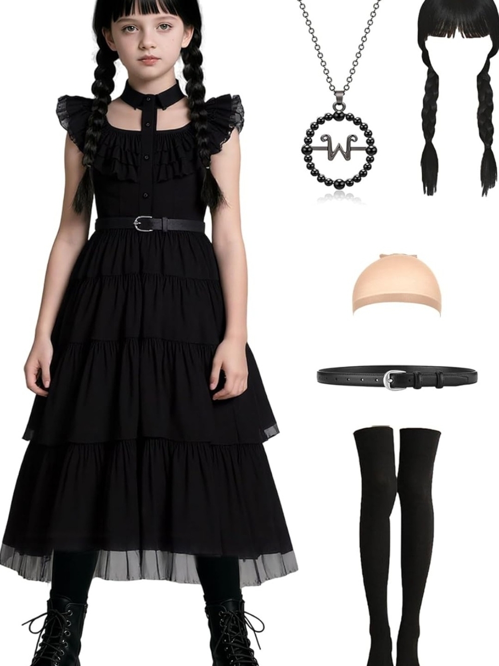 Light Up Kids Girls Black Dress for Halloween Costume w/ Wig Necklace Socks